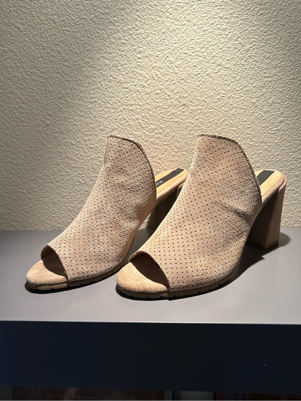 Matt Bernson Beige Suede Perforated Peep-Toe Block Heel Mules